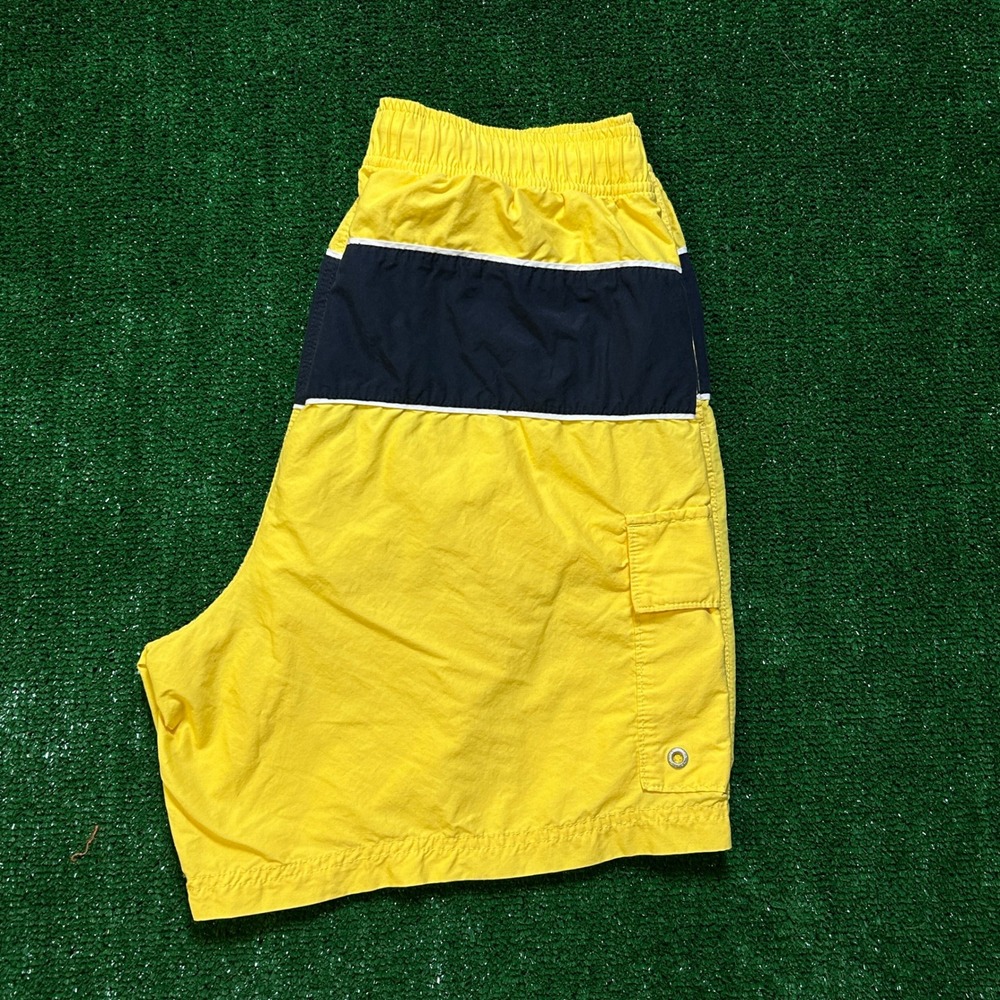 Vintage 90s Nautica Swim Trunks Men Med Yellow Navy Colorblock Cargo Mesh Lined - Picture 6 of 10